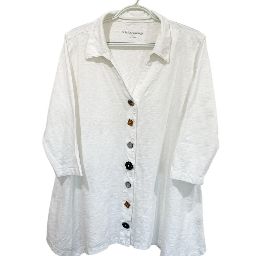 Soft Surroundings Wms Danielle Mixed Button Tunic Top White Boho Lagenlook LARGE